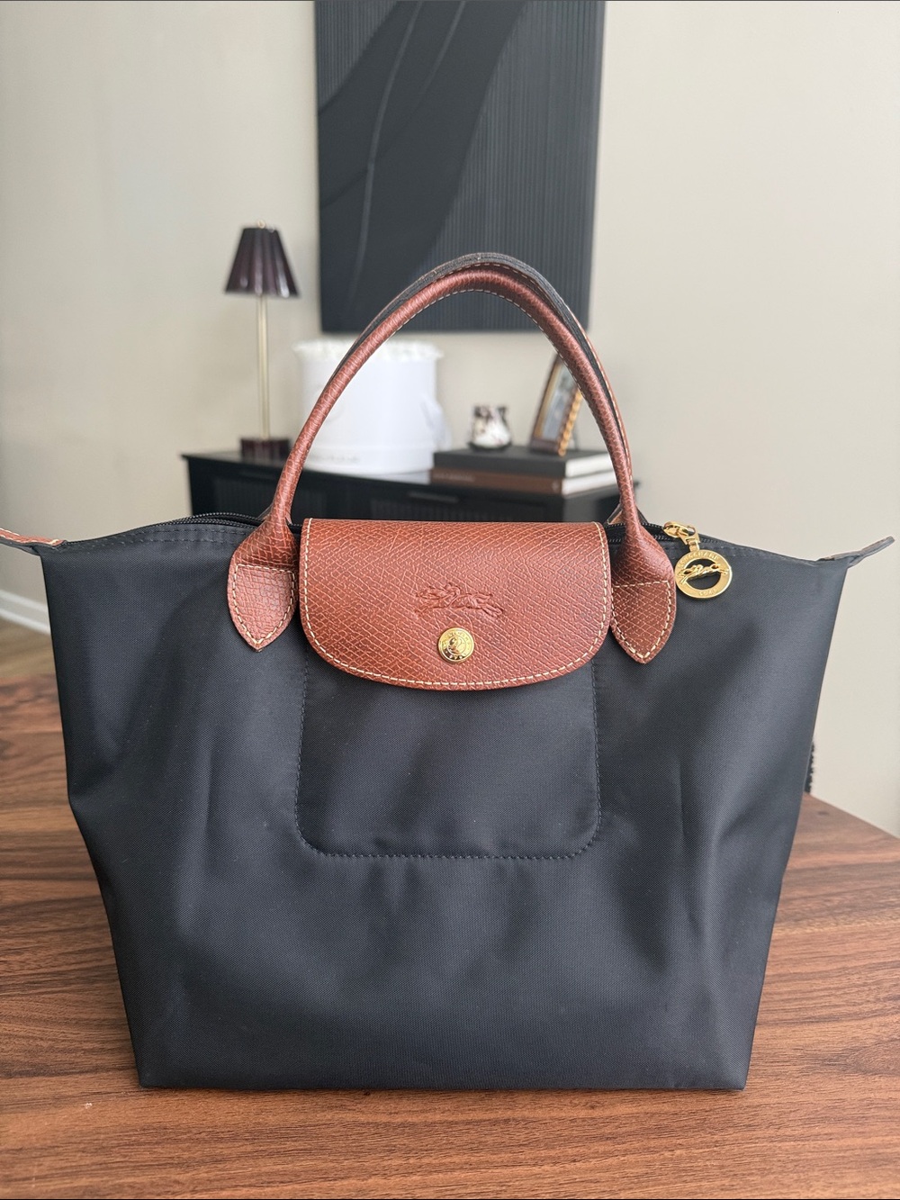 Le Pliage Small Longchamp Black Tote with Brown Leather Trim